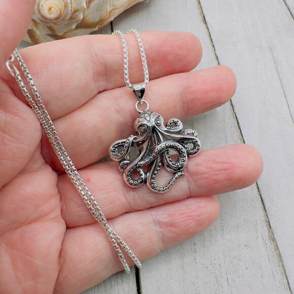 Octopus Sterling Silver Necklace Rounded Box Chain - Picture 8 of 11